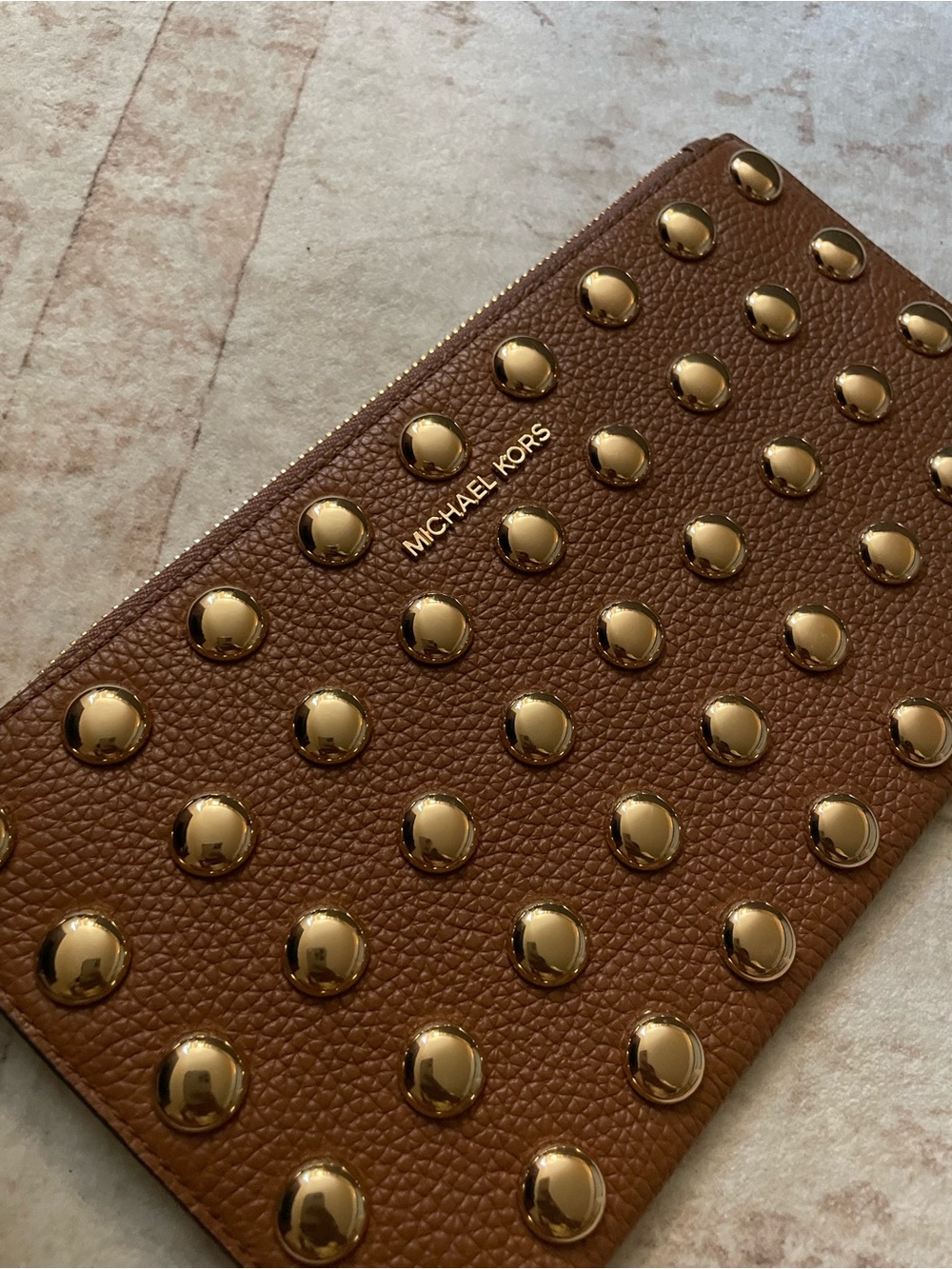 Michael Kors Cognac Leather Studded Wristlet with Gold Accents - Picture 2 of 6
